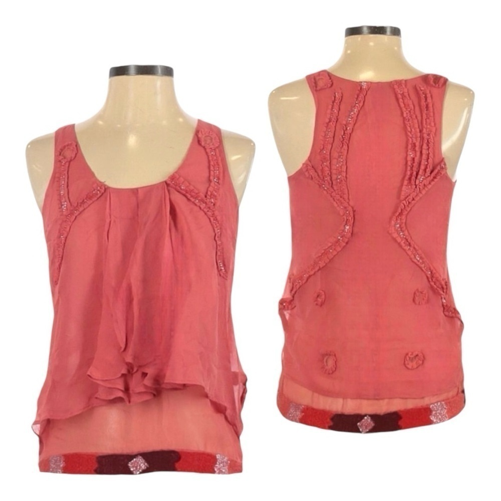 Saivana Anthropologie 100% Silk Beaded Fitted Draped Boho Pink Tank Top XS